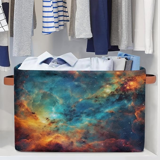 Cube Storage Bins for Shelves, Blue Orange Nebula Print Collapsible Fabric Toys Storage Basket Box with Handles for Home Office Bedroom Closet