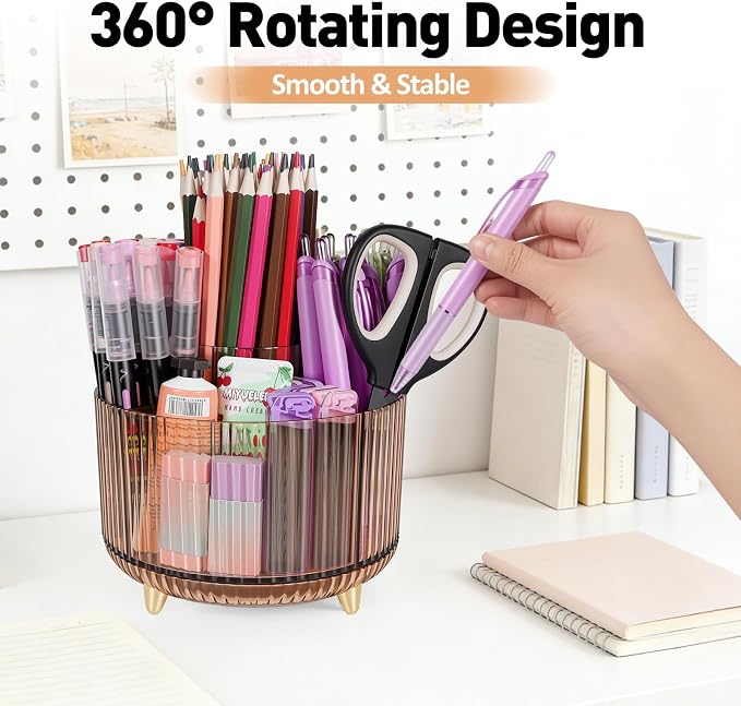 360 Rotating Pen Pencil Holder for Desk, Pen Organizer with 5 Slots, Makeup Brush Holder, Desk Organizer and Accessories, Cute Pencil Cup Caddy for Office School Home Decor Art Supply (Amber)