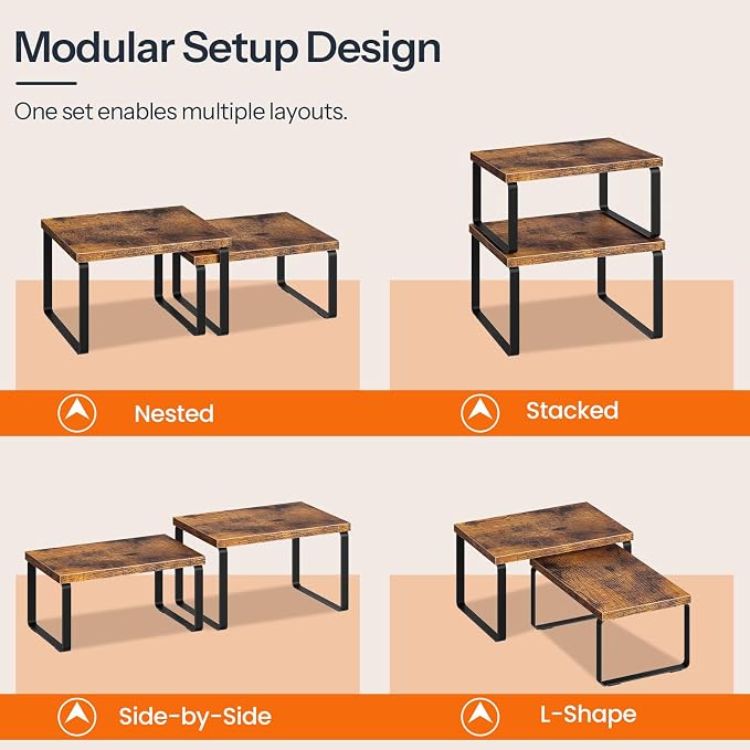 HOOBRO Cabinet Organizer Shelf, Set of 4, Kitchen Countertop Organizer, Kitchen Countertop Shelf, Spice Rack for Counter, Stackable, Expandable for Cabinet, Kitchen, Rustic Brown and Black BF33TLP201