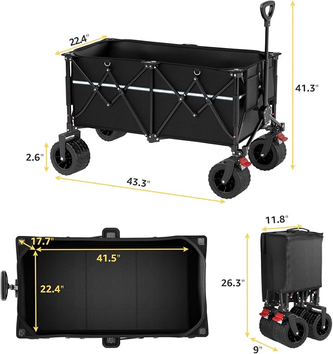 ROSONG Collapsible Wagon Cart with Wheels Foldable - Folding Utility Heavy Duty Wagons Carts for Grocery Sports Garden Shopping Camping Wheelbarrows (Black, 260L)