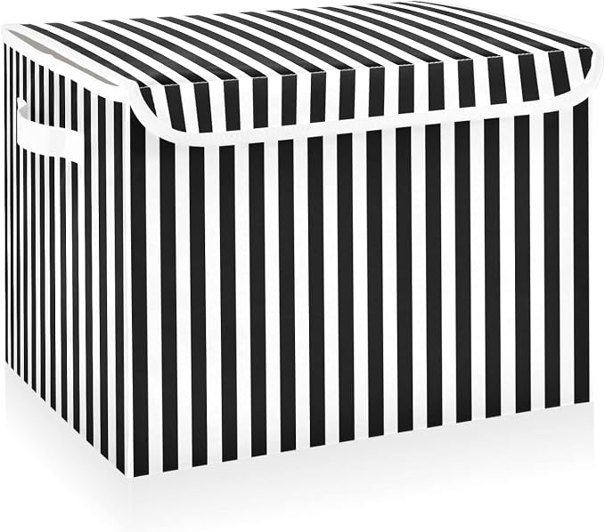 CaTaKu Black and White Striped Storage Bins with Lids Fabric Large Storage Container Cube Basket with Handle Decorative Storage Boxes for Organizing Clothes Shelves