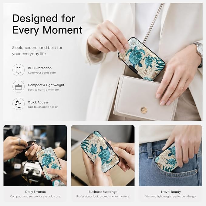 Credit Card Holder RFID Aluminum card case Sea Turtle mini Wallet Women Men | ABS Business ID Case,Hard Case Large Capacity 6 Slots, Waterproof Durable ，Secure Closure Slim Small Credit Card Protector