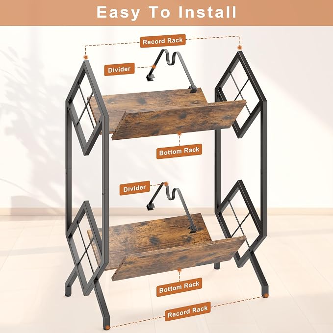 RUILALIFE 2-Tier-Vinyl-Record-Storage-Holder With Dividers, Metal Album storage for vinyl records display Shelf, Vintage 160-200 LP Storage Shelf Stand