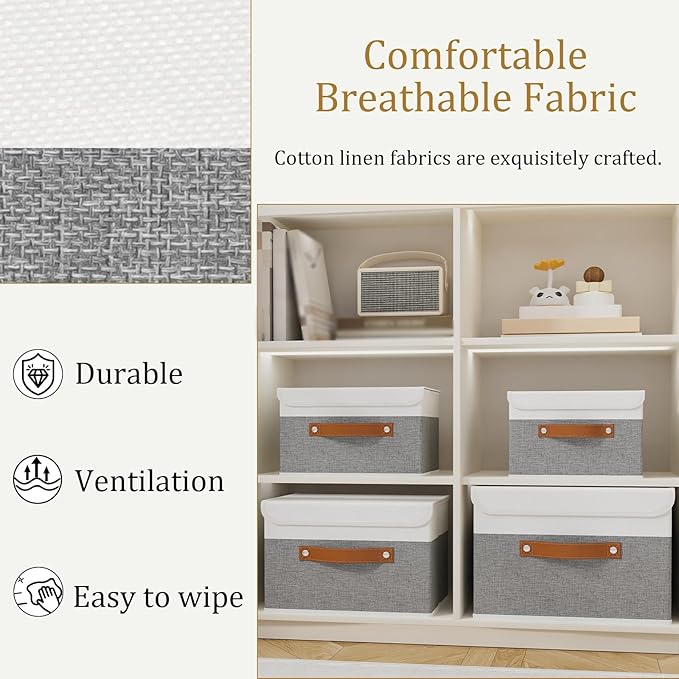 OUTBROS Storage Boxes, Collapsible Storage Bins with Lids, Cotton and linen cloth Storage Baskets with Handle, for Books, Closet, Bedroom, Home, 10.2x7.9x6.7 in, White/Grey