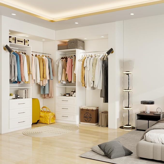 Closet System with Wooden Drawers, 8FT Closet Organize System with Drawers & Hanging Rods &for Walk in Closets, 4PCS*24" Freestanding Closet System, White(8FT)