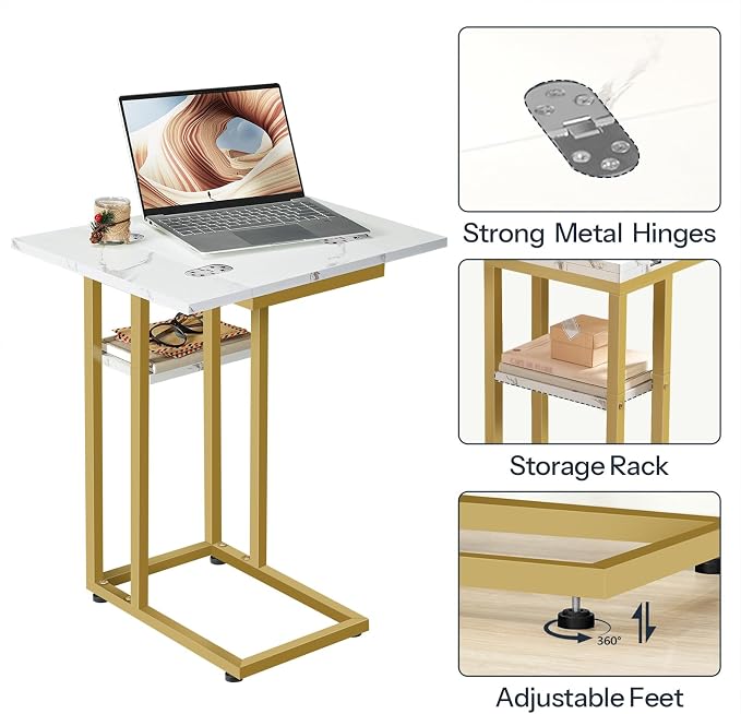 HOOBRO Foldable C Shaped End Table, C Shaped Side Table with Storage Shelf, Small Snack Table, Slide Under Couch Table for Sofa, Living Room Bedroom Small Spaces Easy Assembly, Gold DM29SF01
