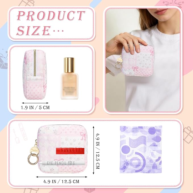 Quilted Small Makeup Bag, Floral Cosmetic Pouch for Purse, Pink | Floral Travel Makeup Pouch, Make Up Pouch for Women, Purse Organizer Pouches for Travel/ Gym/ Daily Use, Perfect Gifts