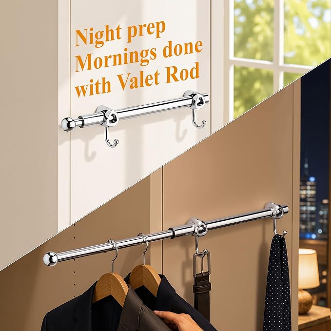 12" Valet Rod for Closets Pull Out, Closet Valet Rod Slide Out with 2 Hooks, Chrome