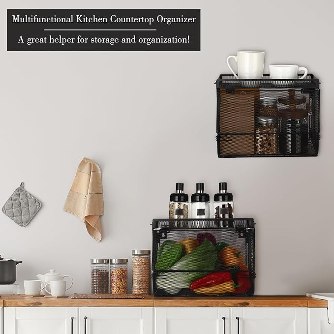 Teenyyou 2 Pcs Stackable Mesh Fruit Basket with Lid Wall Produce Vegetable Storage Basket Onion Potato Hanging Metal Wire Container for Kitchen Counter Pantry(Removable,Black,7.1" w & 11.8" l)