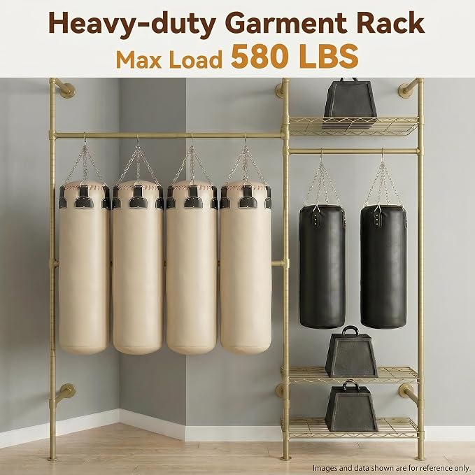 F2 Wall Mounted Closet System, Industrial Pipe Clothing Rack for Hanging Clothes, Heavy Duty Closet Organizer System, Clothes Racks with Shelves & Expandable Rod for Wardrobe, Corner, Gold