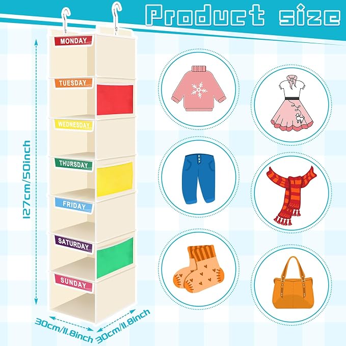 Amylove 2 Pcs 7 Shelf Weekly Clothes Organizer for Kids Hanging Closet Organizer 11. 8 x 11. 8 x 50 Inches Daily Activity Kids Clothes Storage Drawers Cube Drawers Closet Hanging Shelves(Beige)