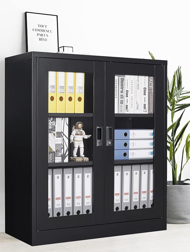SISESOL Black Metal Storage Cabinet with Doors and Shelves,36 inch Locking Display Cabinet with Acrylic Doors,Office Cabinets with Lock,Sideboard Cabinets for Home Office,Living/Dining/Utility Room,