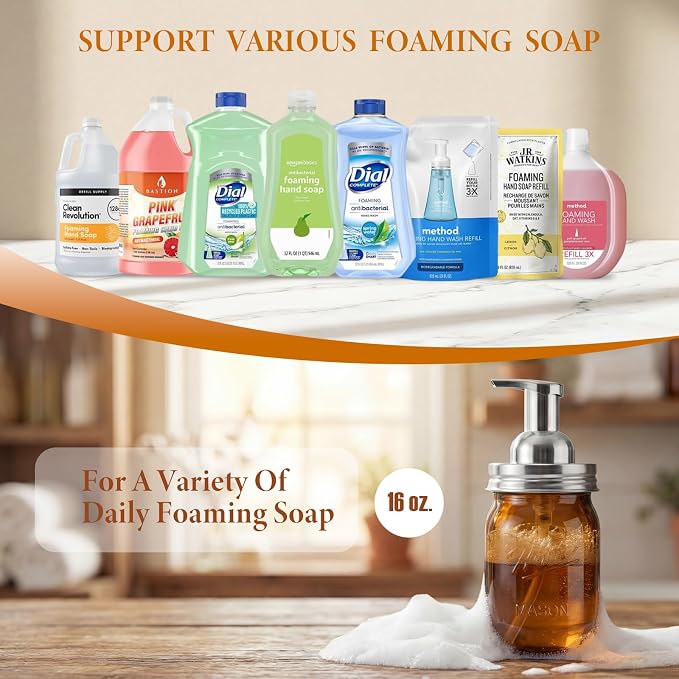 Amolliar Plastic Mason Jar Foaming Soap Dispenser Pump Lid, 16oz Foam Soap Dispenser with Cute Lables - Amber Refillable Hand Soap Dispenser for Bathroom Kitchen Shower (2 Pack, Silver)