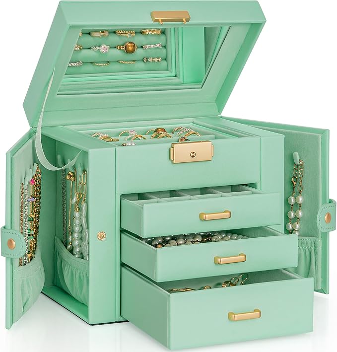 AKOZLIN 4-Tier Jewelry Box Leather Jewelry Storage Organizer with 3 Drawers Lockable for Women Girls Ring Necklace Earring Bracelet Holder with Mirror