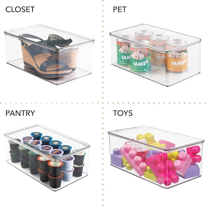 mDesign Plastic Stackable Home Office Storage Organizer Box with Hinge Lid - Holder Container Bin for Note Pads, Gel Pens, Staples, Dry Erase Markers, Tape, Supplies - Lumiere Collection - Clear
