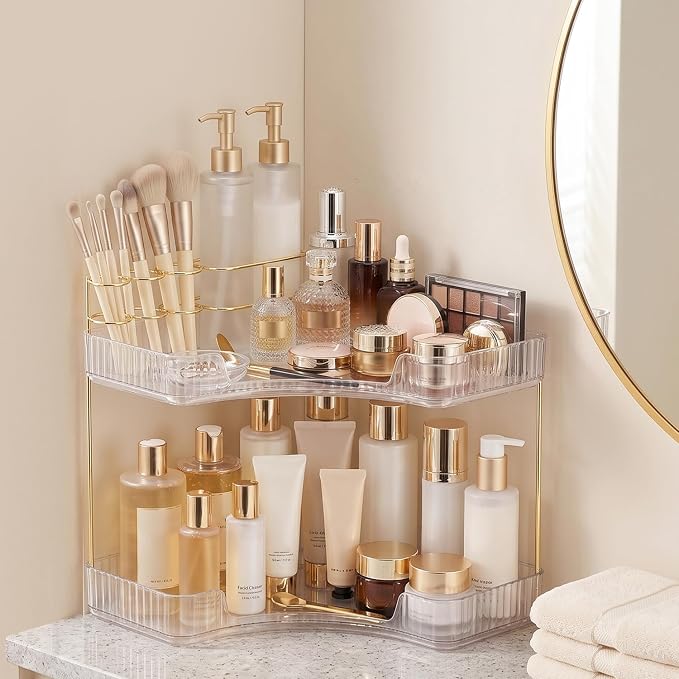 2-Tier Corner Bathroom Counter Organizer with Makeup Brush Holder, Clear | Large Makeup Organizers for Vanity, Corner Bathroom Countertop Organizer for Cosmetic Perfume Skincare Storage
