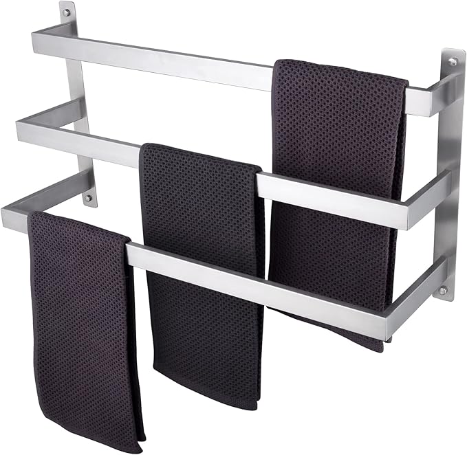 KOKOSIRI Bath Towel Bars Bathroom 3-Tiers Ladder Towel Rails Towel Holders Wall Mounted Towels Shelves Rack Brushed Stainless Steel, B5006BR-L24