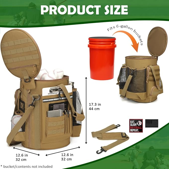 Baseball Bucket Bag, Softball Coaches Bags Fit 6 Gallon Buket | Baseball Coaching Accessories Organizer with Anti-Slip Bottom & Multiple Pockets for Bat, Gloves, Scoreboards