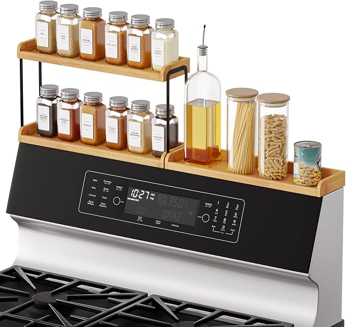 SpaceAid 30" Wide Kitchen Shelf Organizer for Stove, Magnetic Bamboo Spices Shelf for Home Stove Kitchen Storage Organization (Fit for Flat Top Only, 2-Tier)
