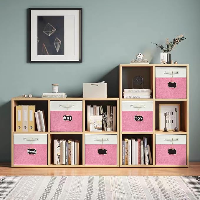 Foldable Fabric Storage Cubes 4 Pack - 13x13x13 - Linen Cubes for Kallax Shelves (White, Pink) with Labels
