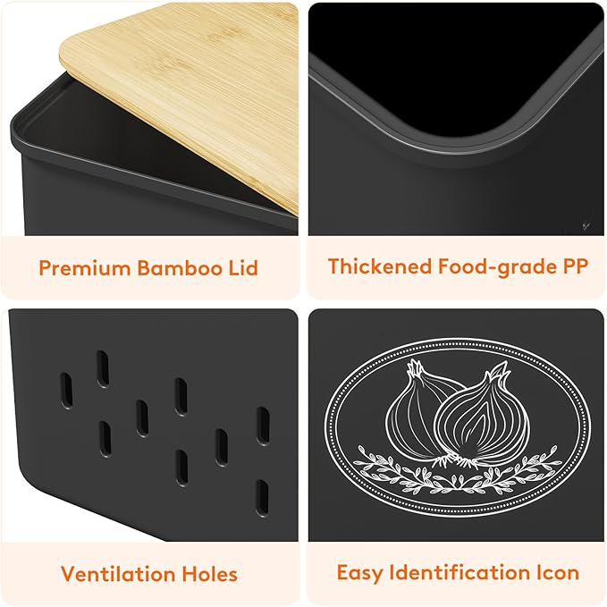Lifewit Plastic Potato and Onion Storage Bin Box, Set of 2, Black | Stackable Garlic Keeper, Vegetable Container Box, Aerating Holes & Lid for Pantry Countertop