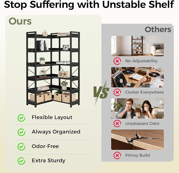 GTPLAYER 6-Tier Corner Bookshelf, L-Shaped Metal Frame Shelf with Tall 14" Shelves, Plant Stand and Storage Rack for Small Spaces, Living Room and Home Office, Black