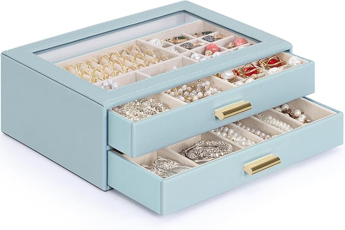 AKOZLIN Jewelry Box with Clear Lid Functional Leather Jewelry Storage Organizer Case 2 Drawers for Women Girls Necklace Ring Bracelet Earring