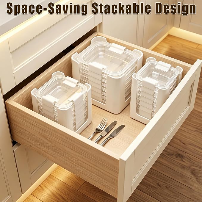 Stackable Food Container Lid Organizer, for Rubbermaid Brilliance Snap-on Lids, 3-Piece Kitchen Cabinet Storage Holds 24 Lids,White