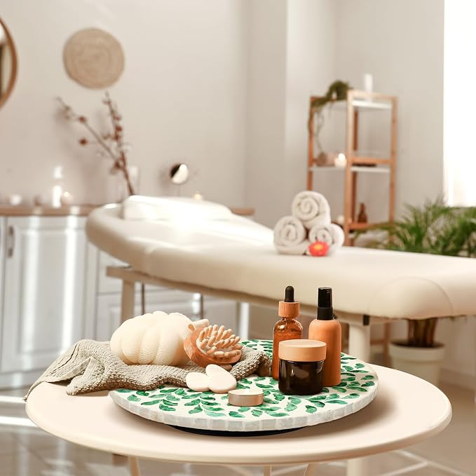 Reallnaive Mother of Pearl Lazy Susan for Table Turntable Organizer Marble Patterned Lazy Susan Wood Spinning Tray Rotating for Kitchen Cabinet Spice Pantry 12 Inch(Round,Green Grass)