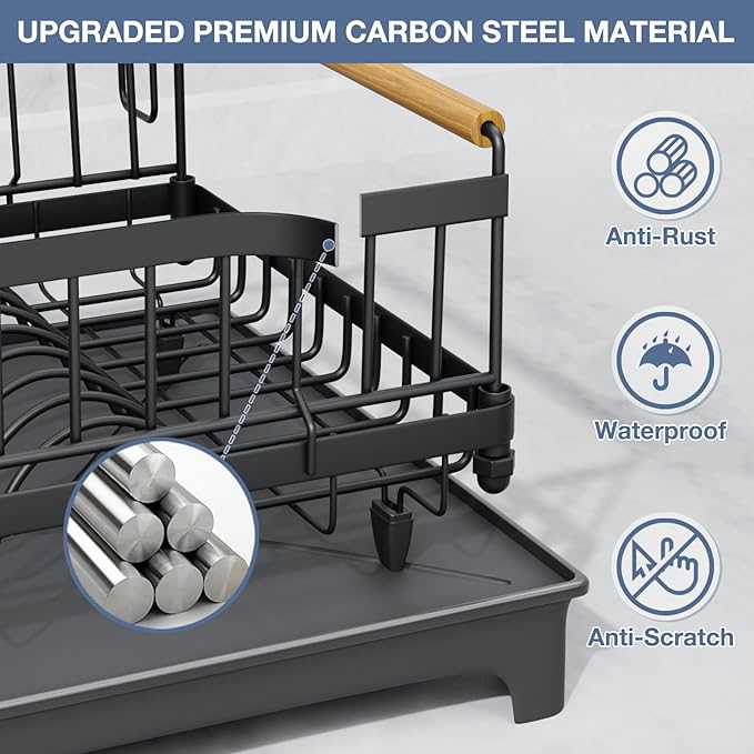 Dish Rack for Kitchen Rustproof Steel Dish Drying Rack for Kitchen Counter Anti-Rust Dish Strainer with Drainboard, Cup Holder, Utensil & Cutting Board Organizer, Heavy Duty Metal | Holds 12 Dishes, Drainboard Set, Cutlery Holder, Rust Resistant, Space...