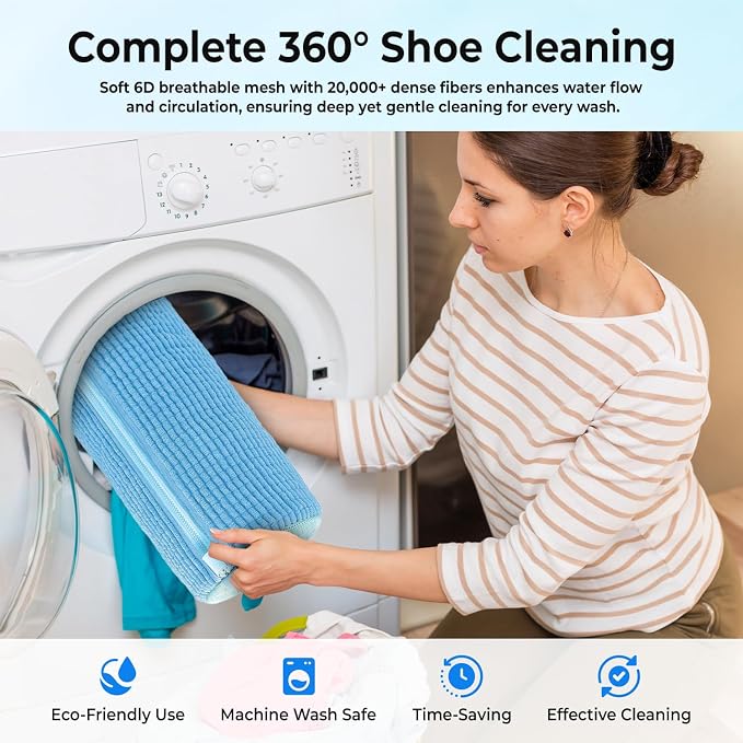 2PCS Shoe Washing Machine Bag with Pair of Shoe Tree and 4 Deodorizer Balls, Durable Zipper Reusable Shoe Washing Bag with 20000+ Fluffy Fiber Lining For 360° Cleaning for Sneakers (Blue)