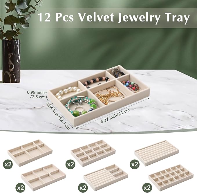 Inbagi 12 Pcs Small Velvet Jewelry Tray Stackable Jewelry Organizer Drawers Insert Divided Storage Display Trays for Earring Ring Brooch Watch Necklace Bracelet 8.3 x 5 x 1 Inches
