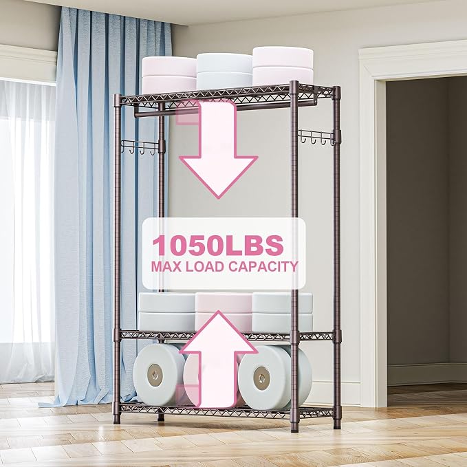 M MZG Heavy Duty Rolling Garment Rack 3 Tiers Adjustable Wire Shelving Clothes Rack with 1 Rods and Side Hooks,Storage Closet Clothing Rack Grey 15.7" D x 45.3" W x 72.4" H