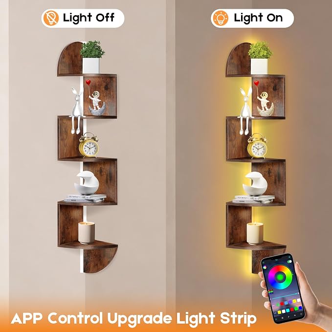 Corner Shelf Wall Mounted Corner Floating Shelves with Light | 5 Tier Corner Bookshelf Stand for Bedroom, Bathroom, Living Room, Kitchen, Office, Home Decor(Rustic Brown)
