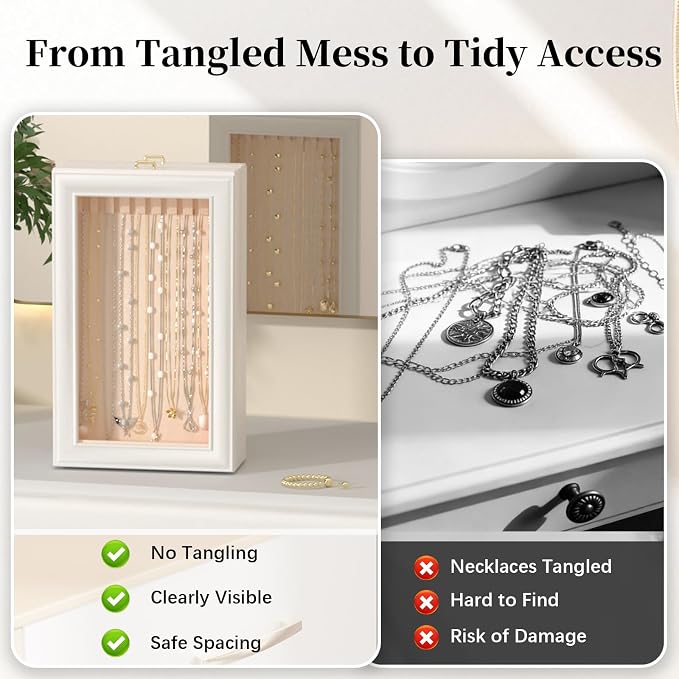 2-Layer Necklace Organizer Box with Double-Sided Clear Lid, White | Jewelry Storage Case, Anti-Tangle Necklaces Display Holder for Pendants Bracelets, Jewelry Organizer for Women Girls