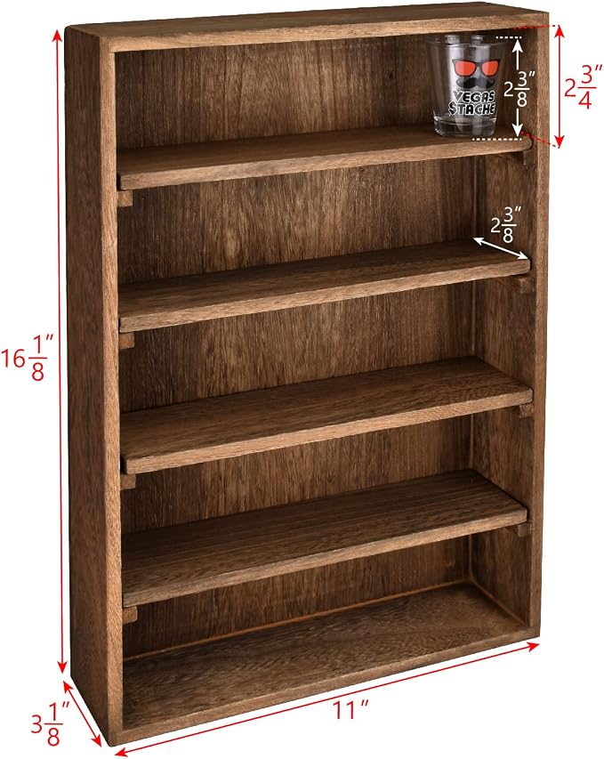 Ikee Design Wooden Wall-Mounted Display Shelves Rack for Collectibles-Figures,Shot Glasses,Spice Can,Cosmetics or Perfume-5 Adjustable Height Shelves,Space-Saving- Brown Color