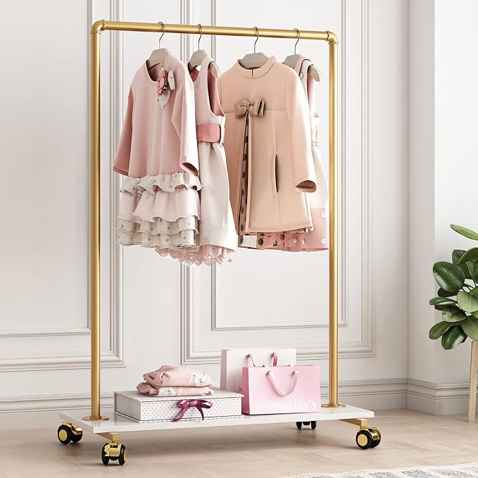 Gold Metal Clothing Rack with Wood Shelf, Heavy Duty Rolling Garment Rack with Wheels for Bedroom Retail Boutique Use (37.4L inches)