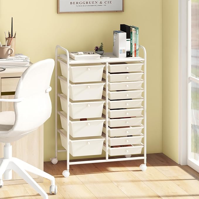Moccha 15-Drawer Rolling Storage Cart - Under Desk Storage Drawers with wheels for Craft Art Supply Paper Salon, Scrapbook Paper Tools, Mobile Utility Cart for Classroom (15 Drawers, White)
