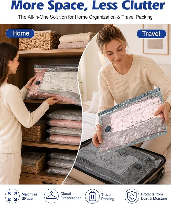 Fantictas Vacuum Seal Bags for Clothing with Rechargeable Air Pump, 12 Pack | Portable Space Saver Bags, Compression Bags for Clothing, Bedding, Seasonal Storage & Packing Bags for Moving, Small