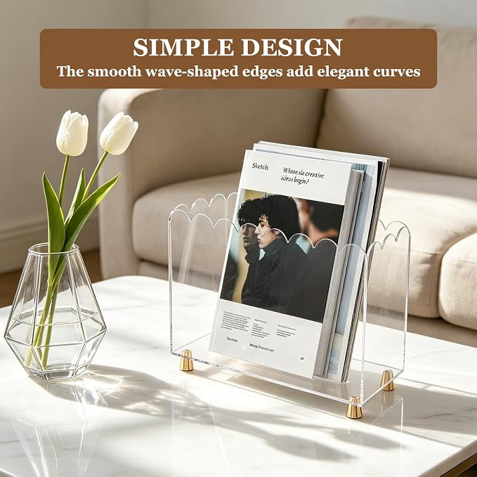Acrylic Magazine Holder, Clear Acrylic Magazine File Holder, Acrylic Magazine Rack Floor with Curved Edge and Gold Metal Feet, Space Saving Organizer for Books, Magazines, Mail, Documents