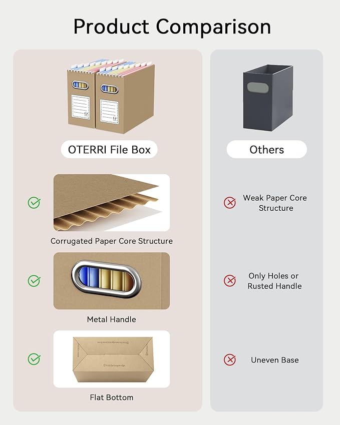Oterri File Organizer Box, Portable Collapsible Cardboard File Folder Organizer with Handle for Letter Size Hanging Files, Document Storage Box for Home Office & Classroom (4 Packs, Brown)