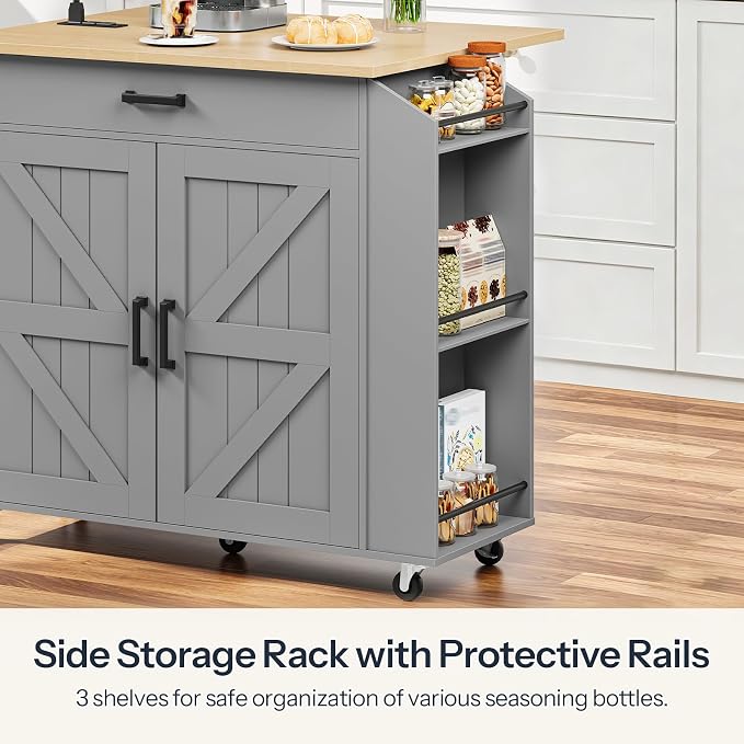 HOOBRO Kitchen Island with Drop Leaf Countertop & Power Outlet, Rolling Island Cart on Wheels, Kitchen Cart with Drawer & Spice Rack, Mobile Island Table for Kitchen, Natural and Grey GN86UZD01