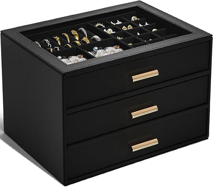 AKOZLIN Jewelry Box with Clear Lid Functional Leather Jewelry Storage Organizer Case 3 Drawers for Women Girls Necklace Ring Bracelet Earring