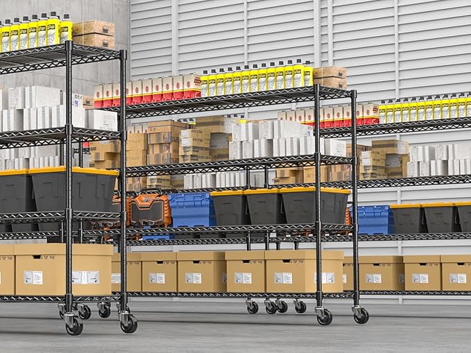 60" W x 18" D x 63.78" H Storage Shelves Wire Shelving with Wheels, Heavy Duty Metal Garage Shelving, Adjustable Wire Rack with Liners, Fits 27-Gallon Totes, for Commercial & Warehouse, 2 PCS