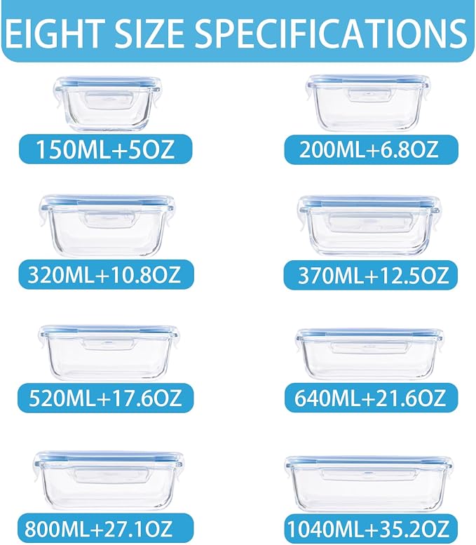 8 Pack Glass Food Storage Containers with Lids(Blue) | Meal Prep Containers with Snap Locking Lids, Airtight Lunch Containers for Microwave, Oven, Freezer and Dishwasher, BPA Free