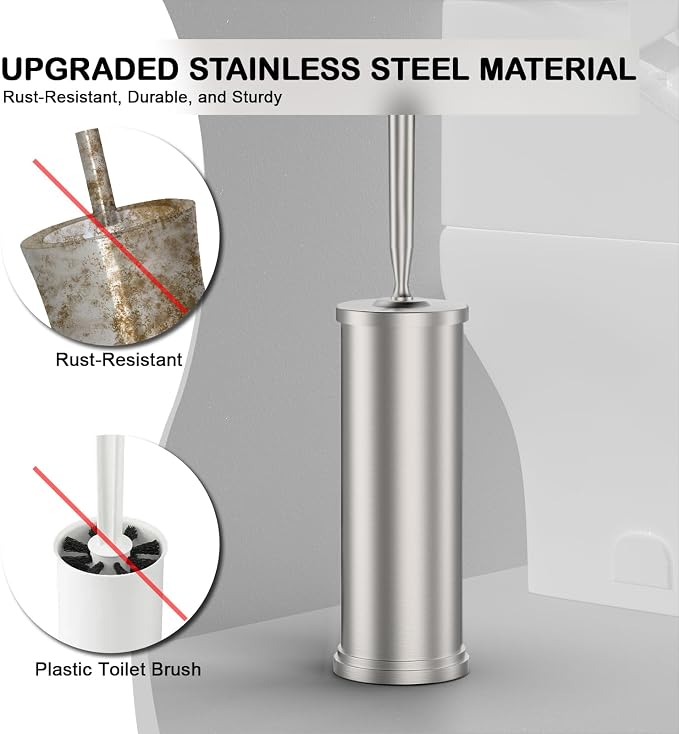 Stainless Steel Toilet Brush and Holder Set : Weighted Stable Base, Removable Inner Tube.Long Handle Toilet Bowl Brush Splash-Proof Design for Deep Cleaning & Space-Saving Storage,Nickel
