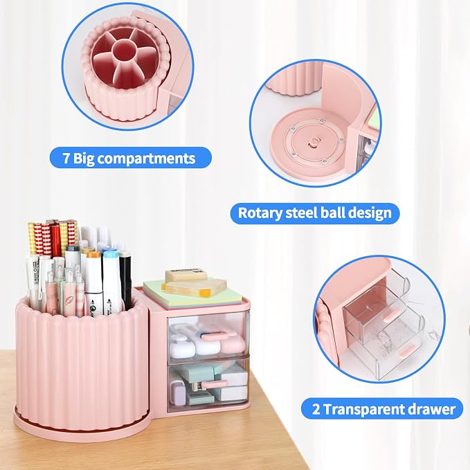 LETURE Rotating Office Desk Organizers and Accessories with 2 Drawer, Pencil Pen Marker Holder for Desk, Desktop Storage Organizers and Accessories for Office Home Art Supplies (Pink)