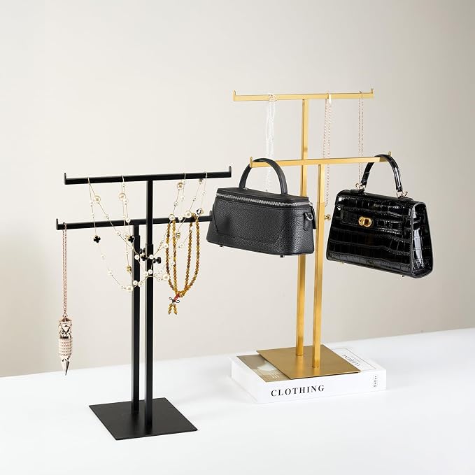Purse Display Stand Jewelry Towers, Double T-Shaped Tabletop Stainless Steel Hook Hanging Adjustable Height Handbag Holder for Organizer Luxury Bags Necklaces Home Store Boutique Retail Closet