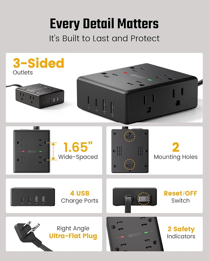 25Ft Long Extension Cord, Flat Plug Power Strip Surge Protector, 8 Outlet 4 USB Ports (2 USB C), Wall Mountable, Desk Charging Station for Home Office, College Dorm Room Essentials (Black)