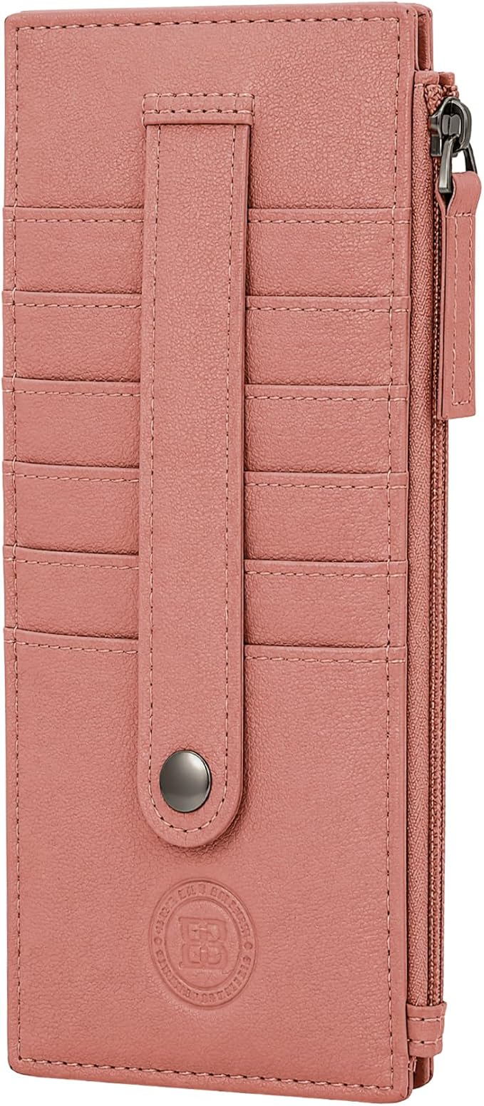 Leatherboss Genuine Leather All in One Card Case Holder Slim Wallet With a Card Protection Strap, Peach